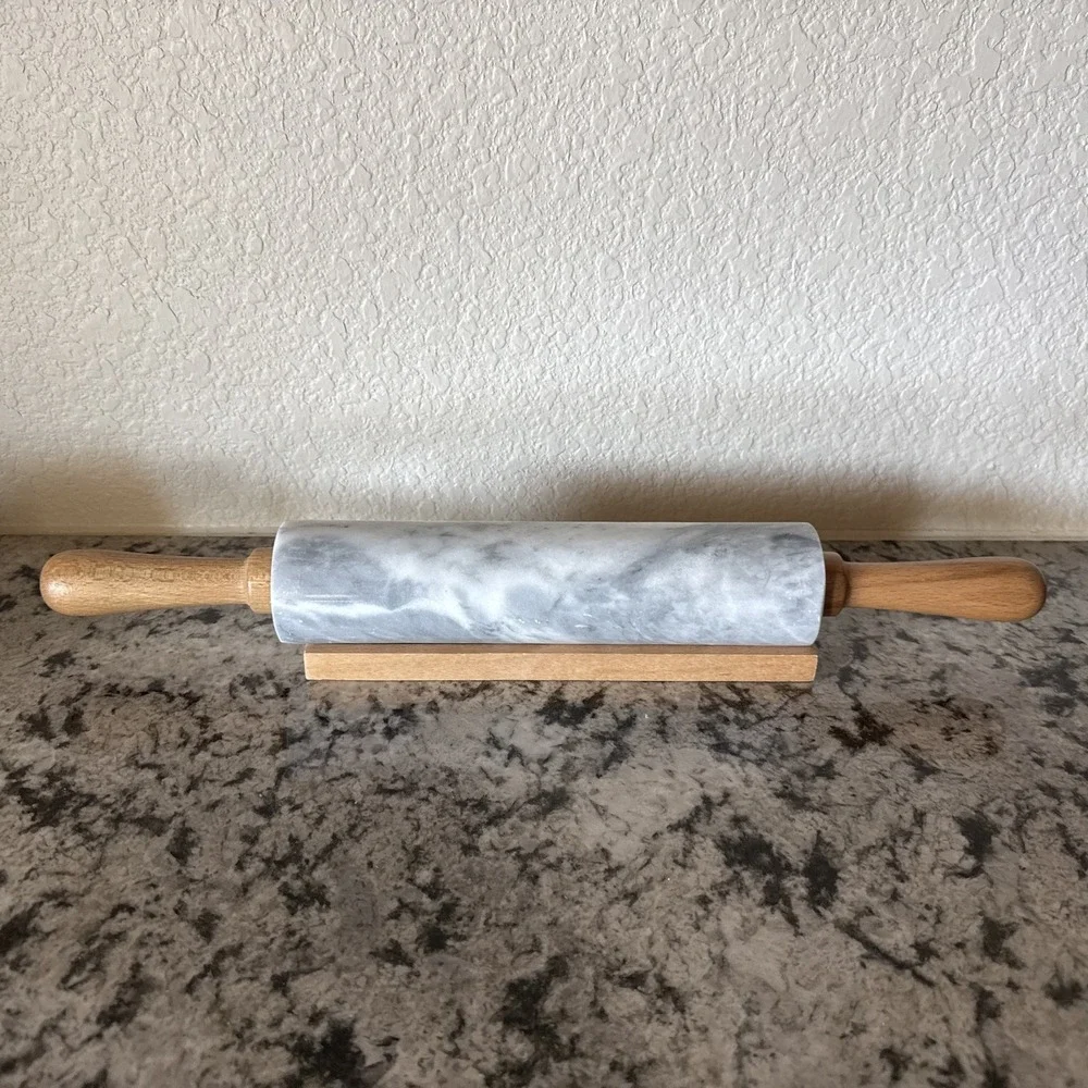 Vtg Marble Rolling Pin White & Gray With Wooden Handles & Base Stand Heavy